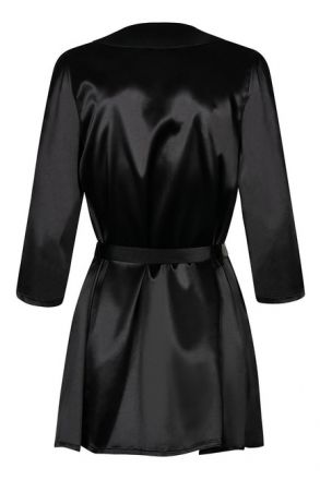 Черный атласный халатик Satina Robe с кружевом на рукавах размер SM