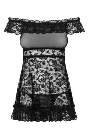 Черная ажурная мини-сорочка Flores с открытыми плечами размер SM